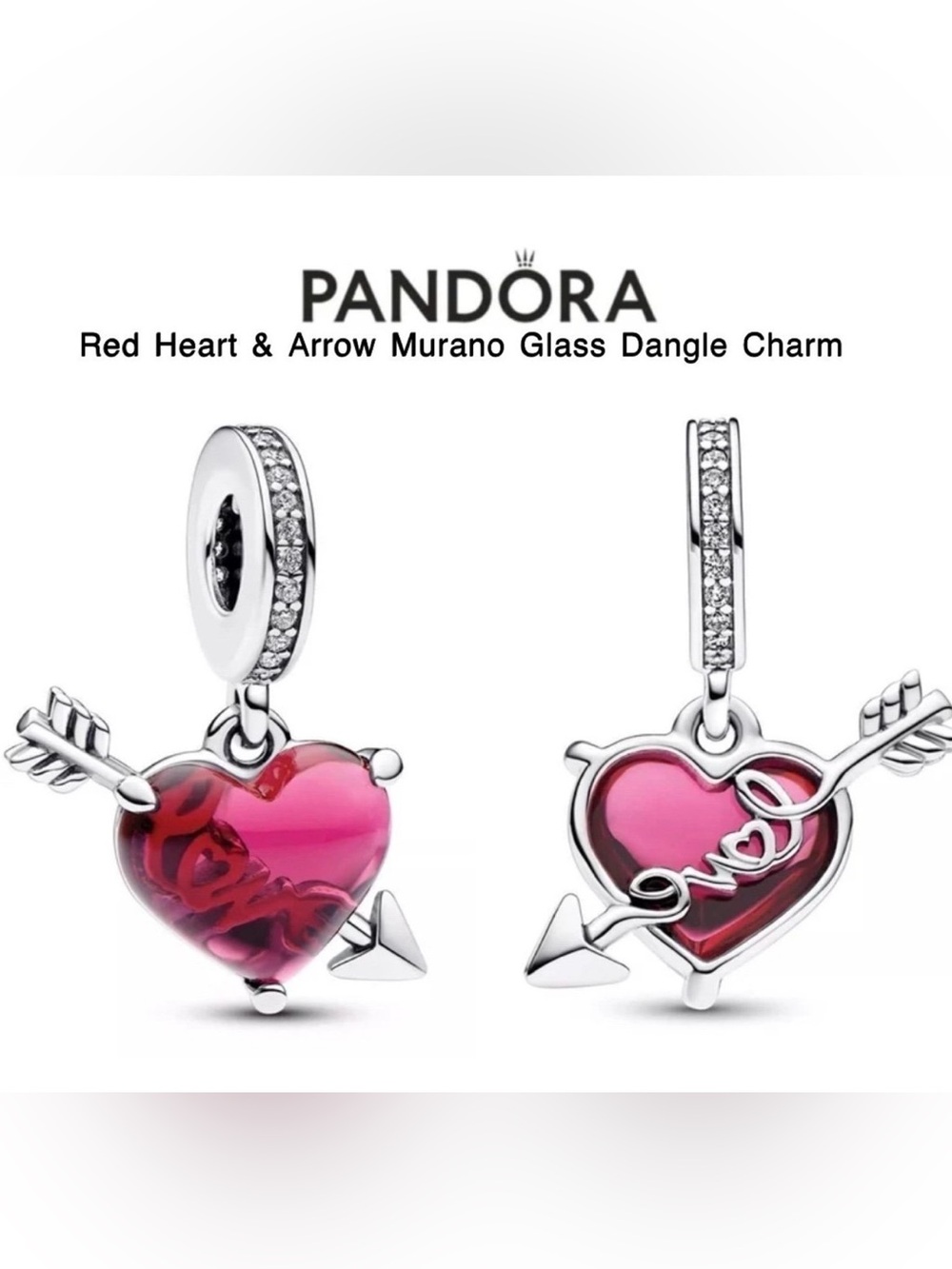 PANDORA Red Heart & Arrow Murano Glass Dangle Charm w/box